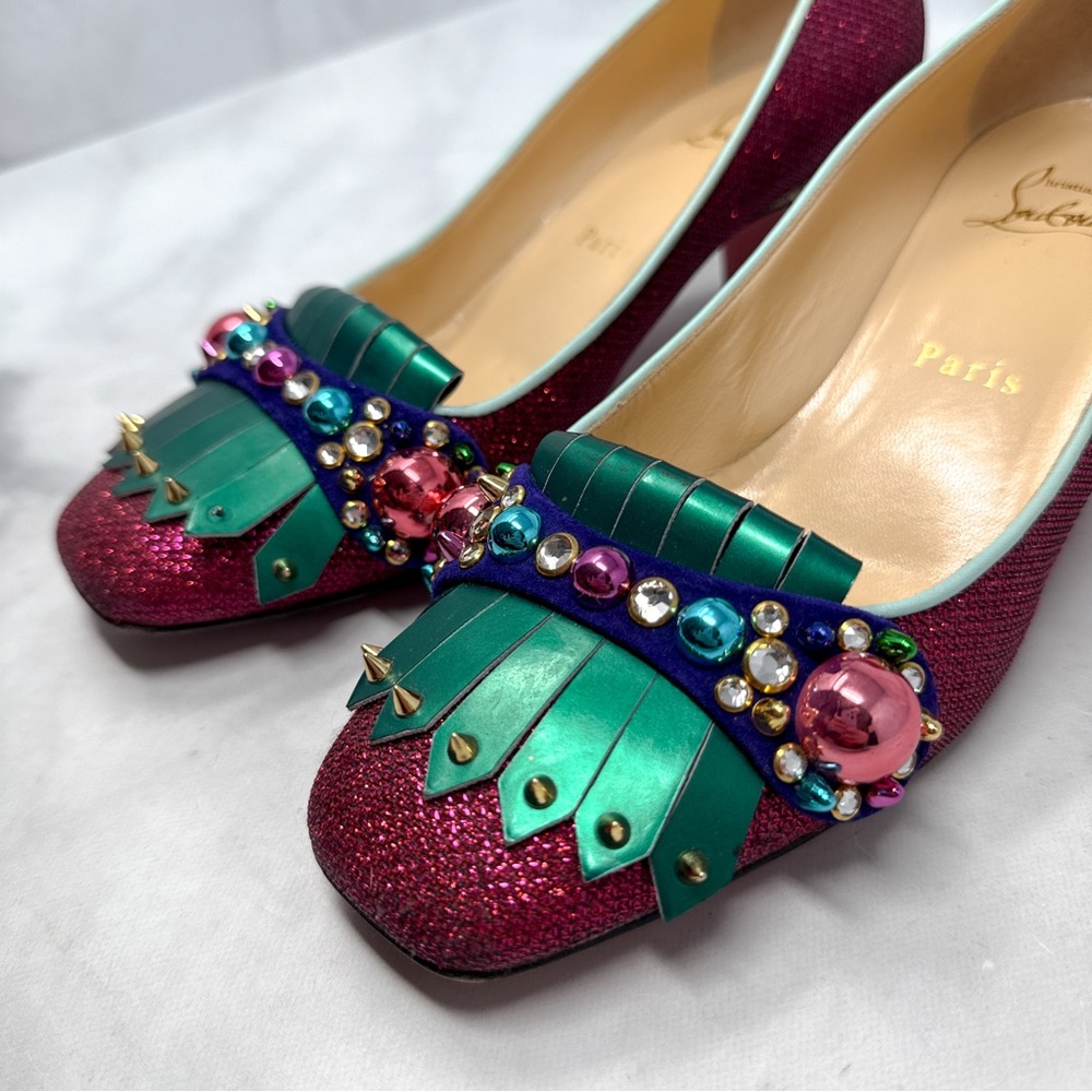 Christian Louboutin Oaxacana 45 Glitter Studded Fringe Heeled Loafer Flat Shoes - Picture 7 of 16